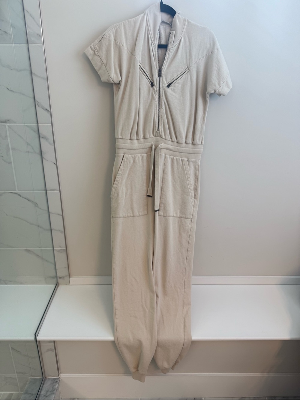 AllSaints Cream Short-Sleeve Zip Front Jumpsuit